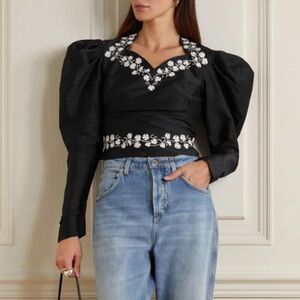BATSHEVA Ines Cropped Embroidered Duchesse-Satin Black/White Floral Blouse NWT